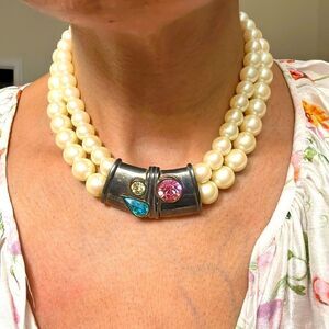 Vintage Givenchy Faux Pearl Mixed Color Crystal Collar Necklace